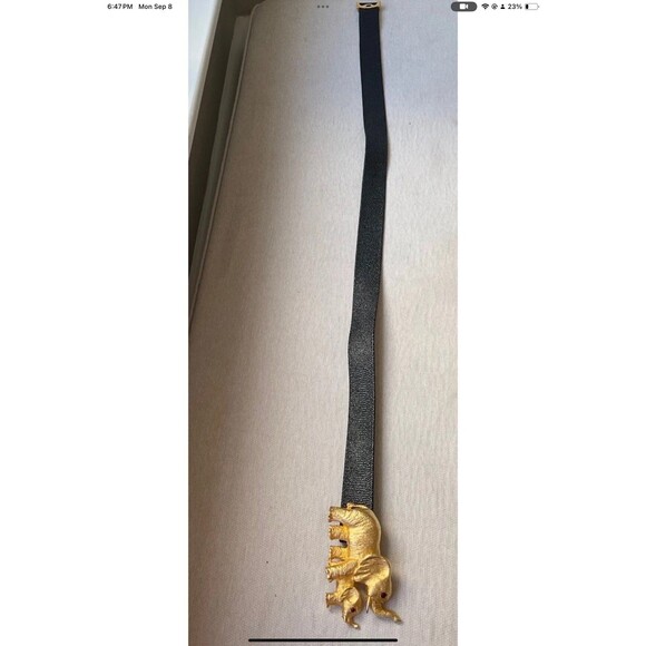 Elephant Belt Buckle Gold Womans 34” (M) Black Leather Adjustable Belt - Vintage - Picture 4 of 8